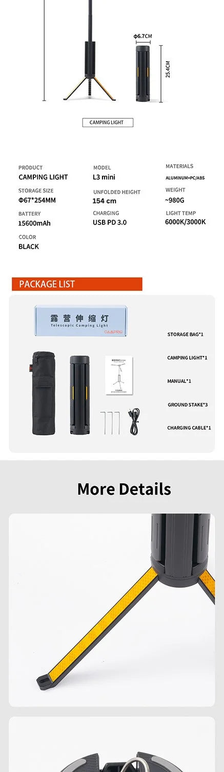 Telescopic Camping Light 15600mAh Rechargeable Lantern, Waterproof Collapsible Outdoor LED Flashlight for Hiking Tent