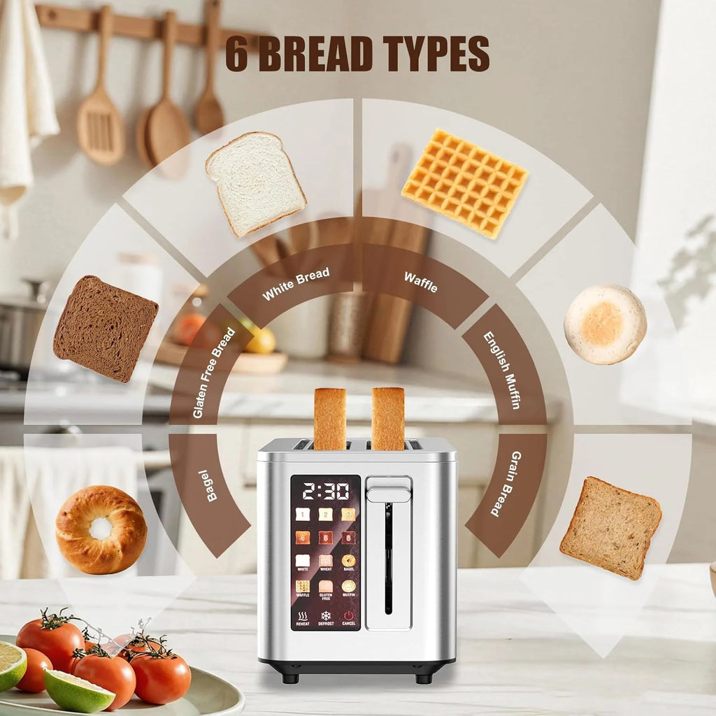 Touch Screen Toaster 2 Slice, 304 Stainless Steel Toasters, Digital Timer, 6 Shade Settings, 1.5'' Wide Slot, 12.2*8.66*7.48''