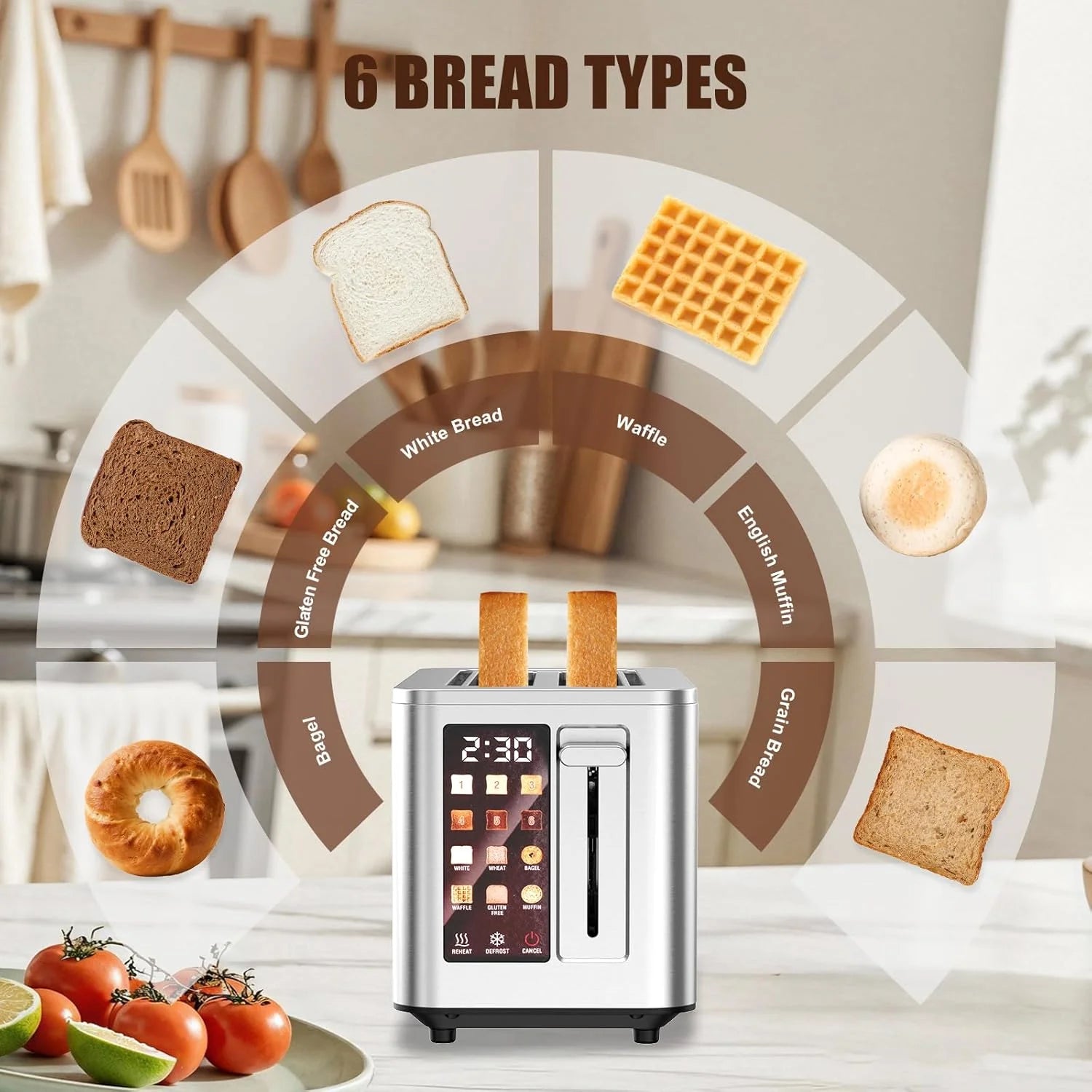 Touch Screen Toaster 2 Slice, 304 Stainless Steel Toasters, Digital Timer, 6 Shade Settings, 1.5'' Wide Slot, 12.2*8.66*7.48''