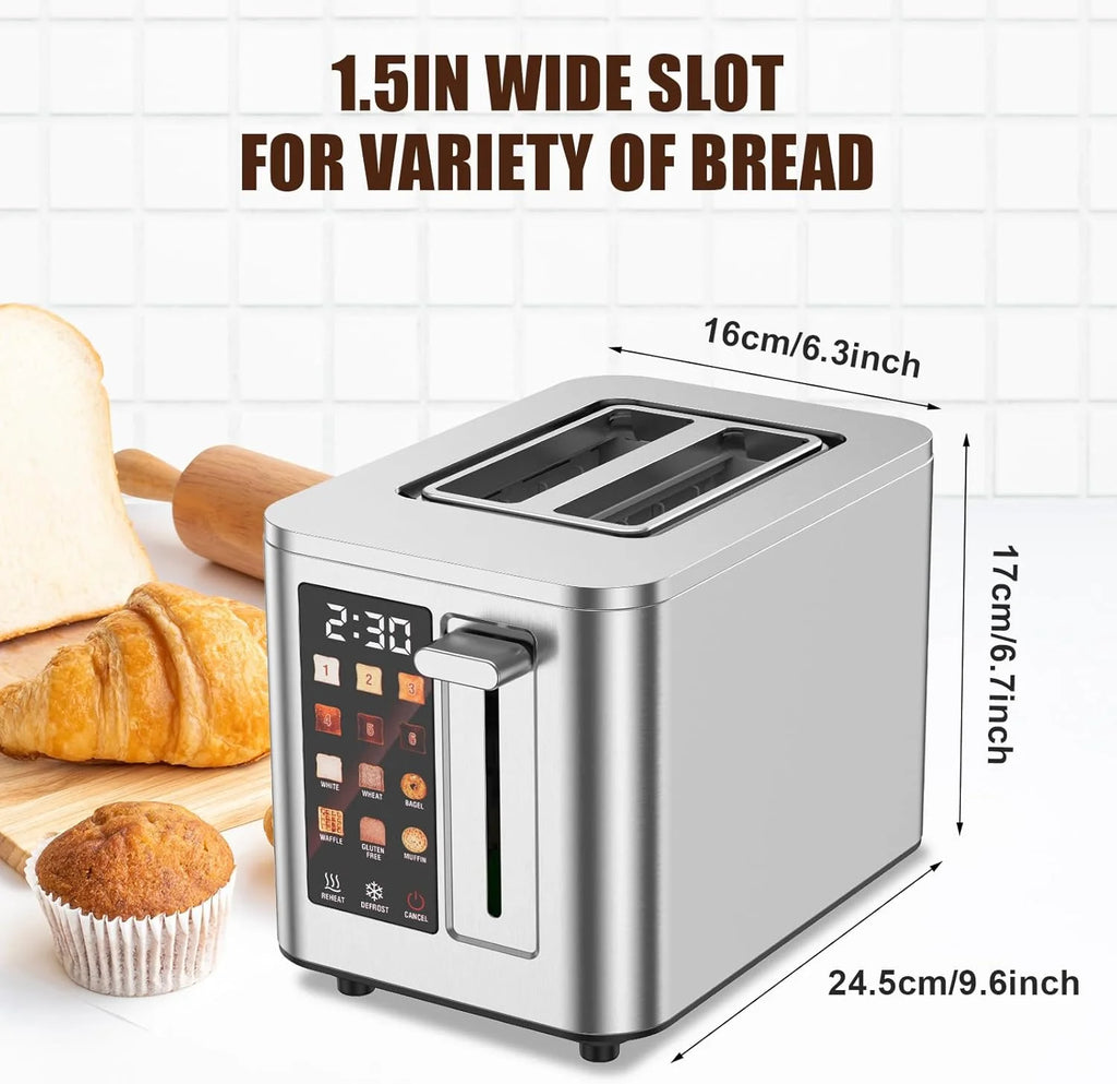 Touch Screen Toaster 2 Slice, 304 Stainless Steel Toasters, Digital Timer, 6 Shade Settings, 1.5'' Wide Slot, 12.2*8.66*7.48''