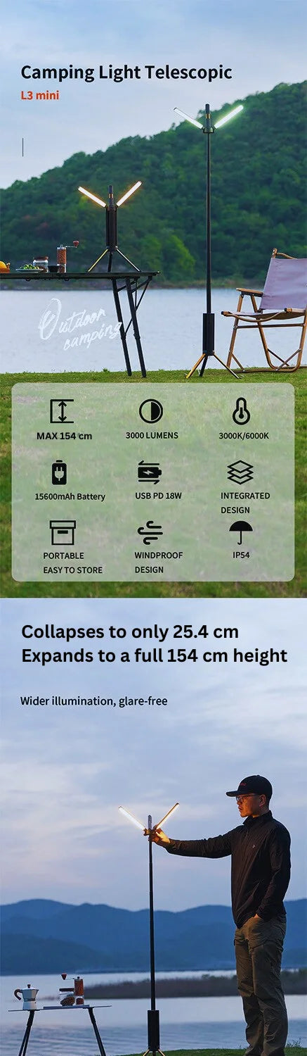 Telescopic Camping Light 15600mAh Rechargeable Lantern, Waterproof Collapsible Outdoor LED Flashlight for Hiking Tent