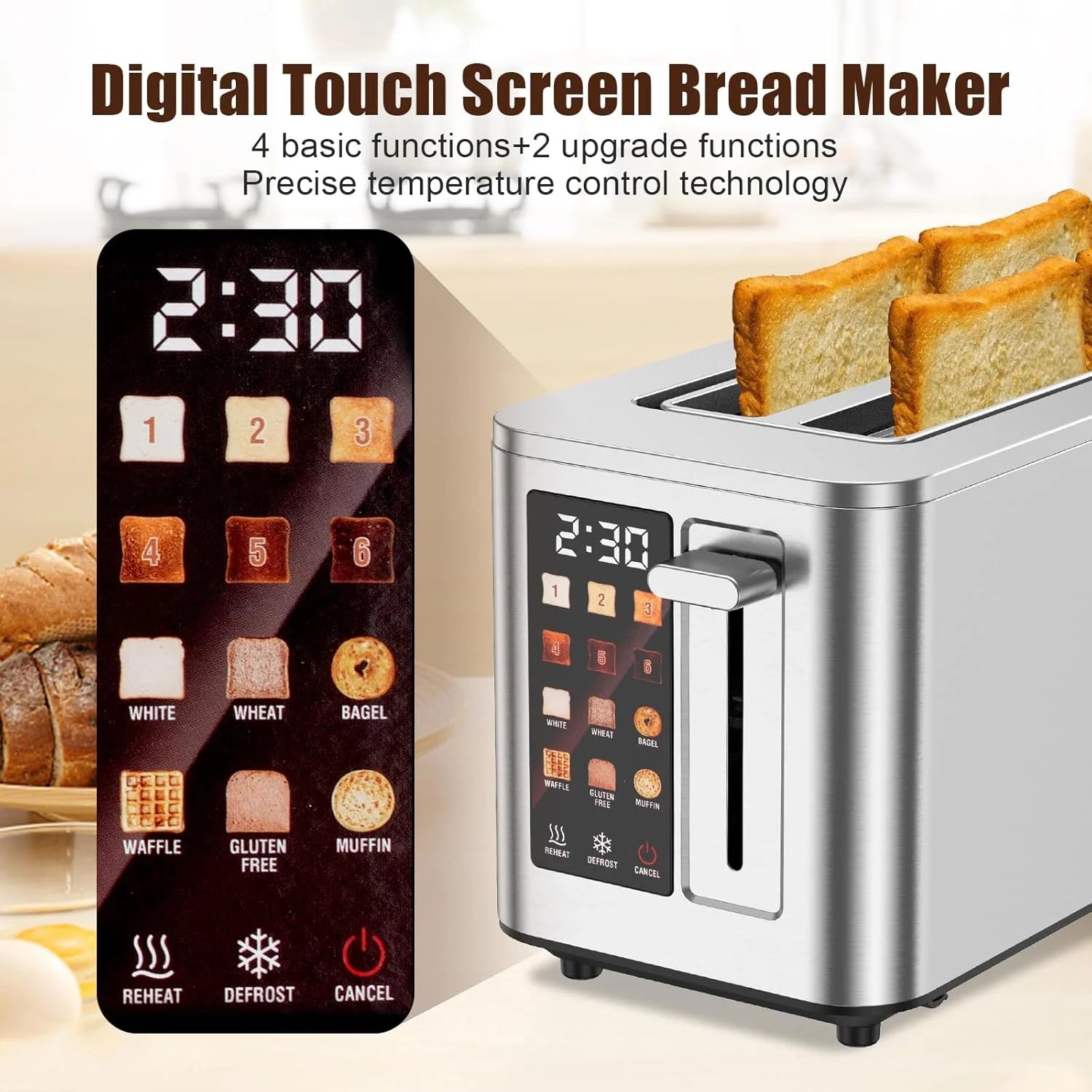 Touch Screen Toaster 2 Slice, 304 Stainless Steel Toasters, Digital Timer, 6 Shade Settings, 1.5'' Wide Slot, 12.2*8.66*7.48''