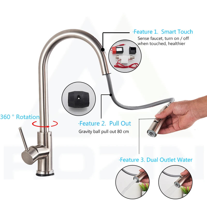Rozin Smart Touch Kitchen Faucet Black Pull Out Sensor Faucets Black/Nickel 360 Rotation Crane 2 Outlet Water Mixer Taps