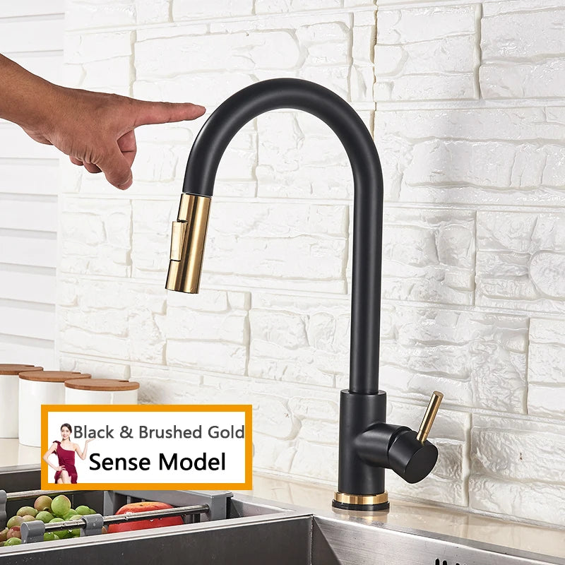 Rozin Smart Touch Kitchen Faucet Black Pull Out Sensor Faucets Black/Nickel 360 Rotation Crane 2 Outlet Water Mixer Taps
