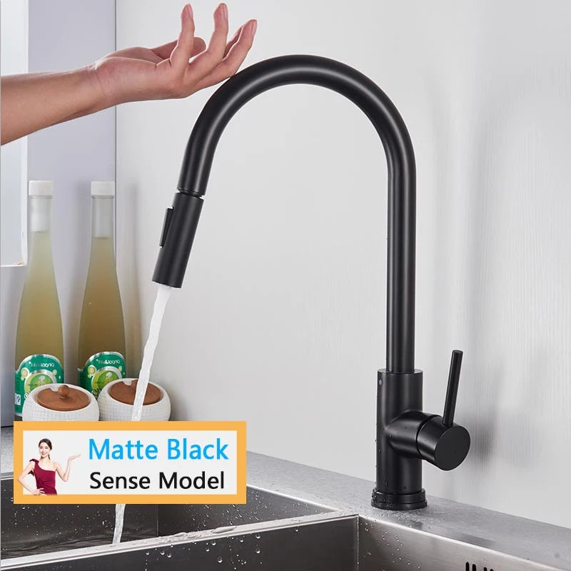 Rozin Smart Touch Kitchen Faucet Black Pull Out Sensor Faucets Black/Nickel 360 Rotation Crane 2 Outlet Water Mixer Taps