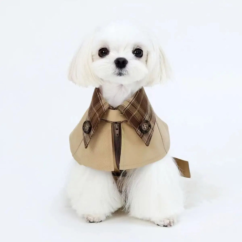British Style Dog Coat Durable Pet Outerwear Brown Plaid with Adjustable Straps for Cold Weather Puppy Kitten Small Dog Cape