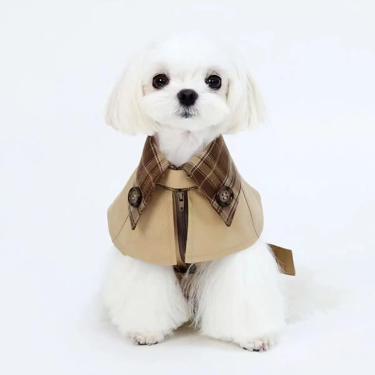 British Style Dog Coat Durable Pet Outerwear Brown Plaid with Adjustable Straps for Cold Weather Puppy Kitten Small Dog Cape