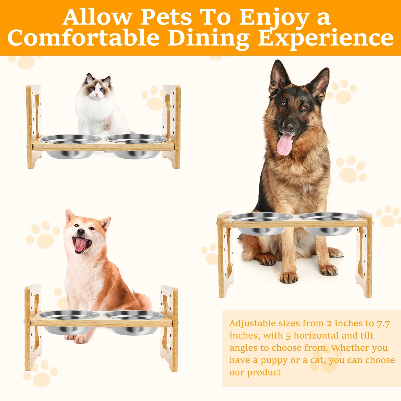 Elevated Dog Bowls Wood Tilted Adjustable Dogs Feeder Stand with Stainless Steel Food Bowls for Your Cat and Dog Pet Accessories
