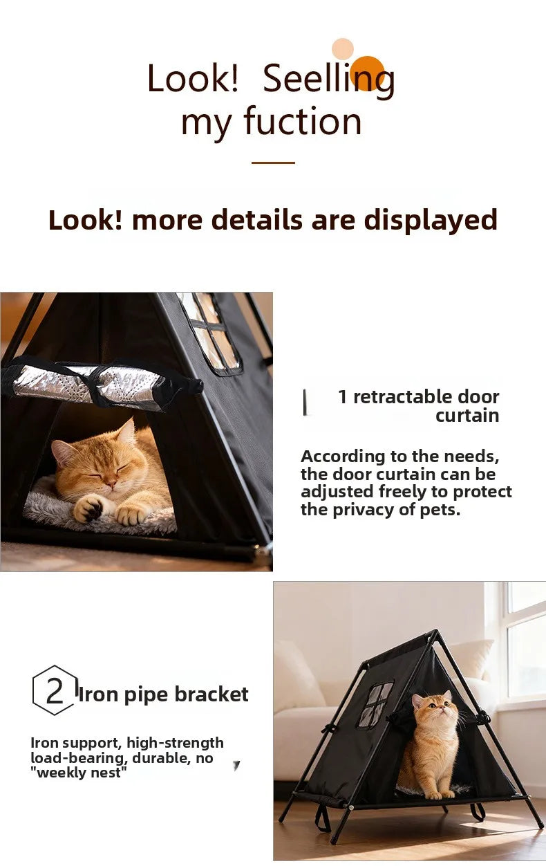 Winter outdoor elevated triangular pet tent with stable support and window for puppies and kittens with thick padding
