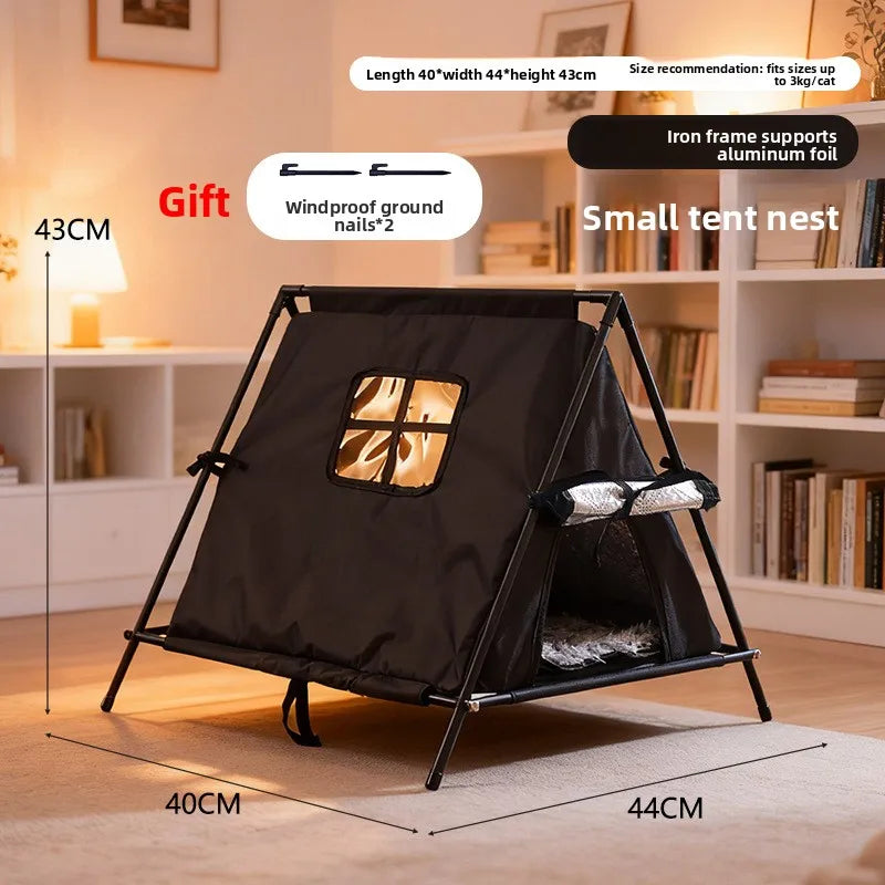 Winter outdoor elevated triangular pet tent with stable support and window for puppies and kittens with thick padding