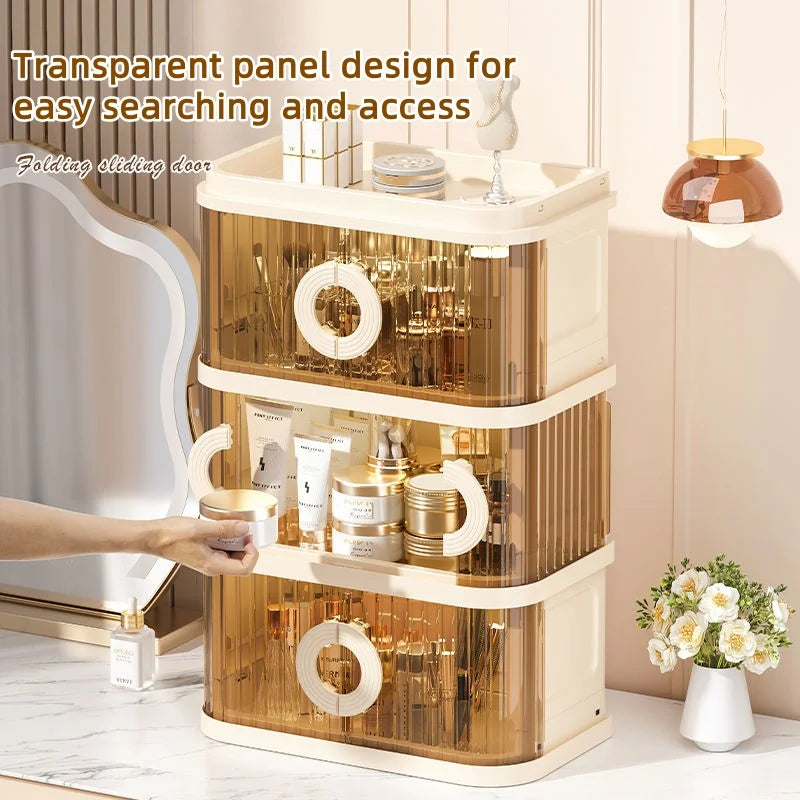 Foldable Makeup Organizer - No Assembly Rolling Cart with Sliding Doors, Large Capacity Space-Saver for Home Storage