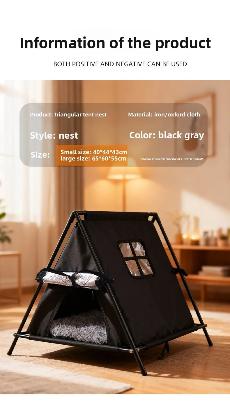 Winter outdoor elevated triangular pet tent with stable support and window for puppies and kittens with thick padding