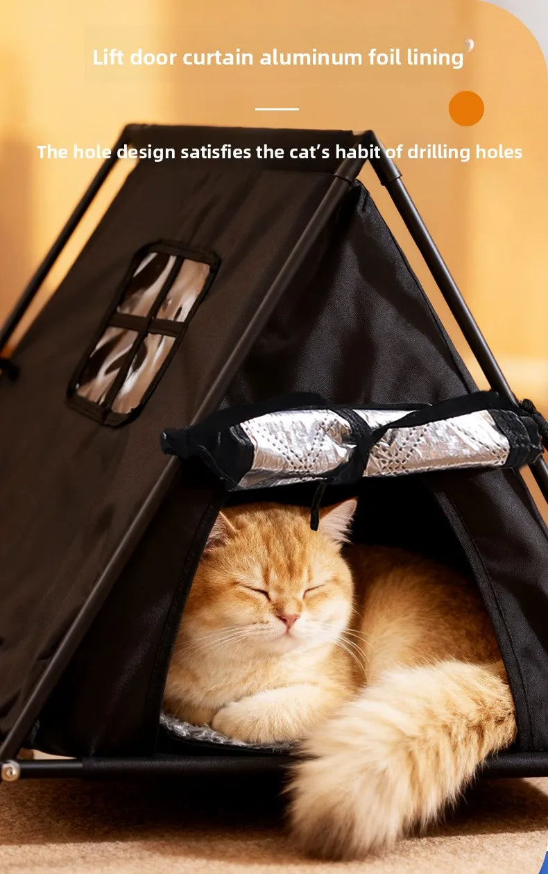 Winter outdoor elevated triangular pet tent with stable support and window for puppies and kittens with thick padding
