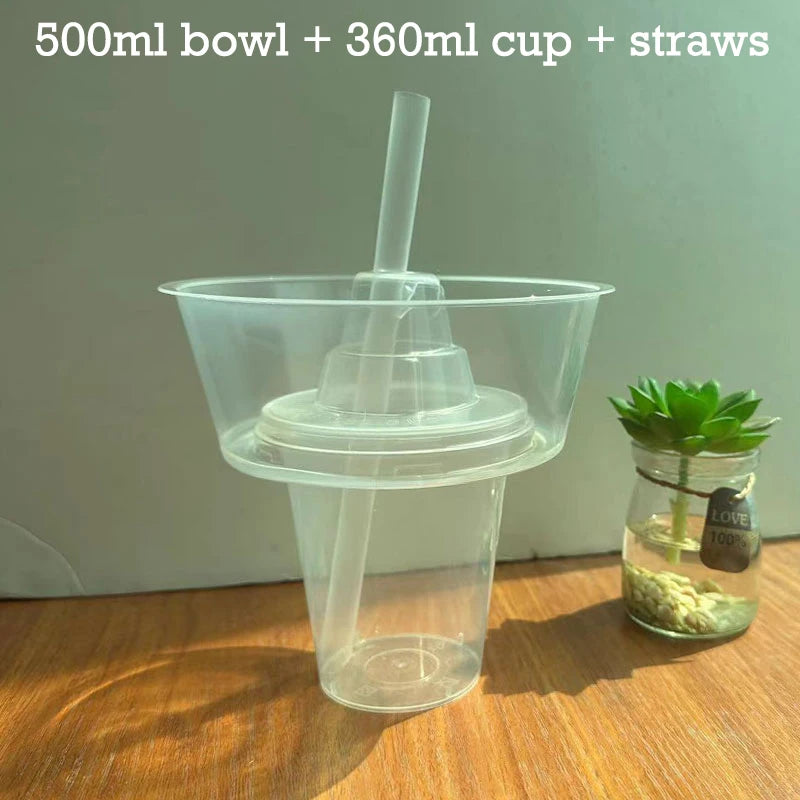 2PCS 2In1 Drink Snack Cup Bowl Bubble Milk Tea Fruit Portable Cups Stadium Tumbler Desserts Fondue Coke Water Bottle Adults Kids
