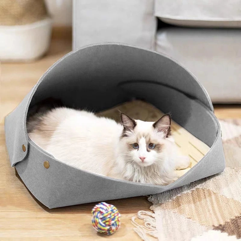 Pet Cat Nest Semi Enclosed Felt Cat Bed All Seasons Foldable Lock Pets House Washable Creative Cat House Cat Accesories