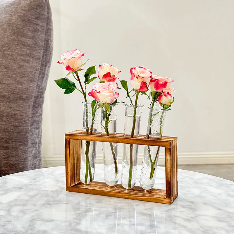 1 Set Creative Hydroponic Plants Container with Wood Frame Transparent Test Tube Vase Bonsai Home Desktop Decor Crafts