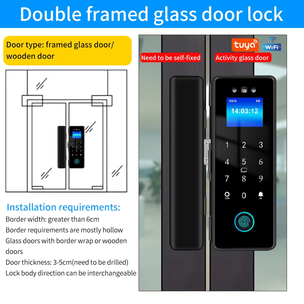 WIFI Tuya 3D Face Recognition  Smart Glass Lock Biometric Electronic Fingerprint Unlock Glass Door Lock Mobile remote Control