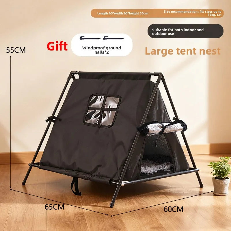 Winter outdoor elevated triangular pet tent with stable support and window for puppies and kittens with thick padding