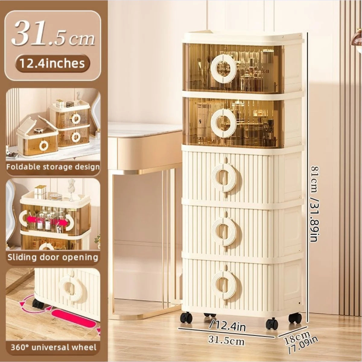 Foldable Makeup Organizer - No Assembly Rolling Cart with Sliding Doors, Large Capacity Space-Saver for Home Storage