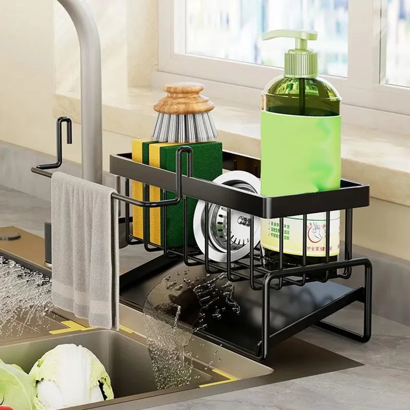 Stainless Steel Faucet Caddy - 2-Tier Sponge Holder for Kitchen Sink, Dish Soap & Scrubber Organizer, Drying Rack with Drain Tra