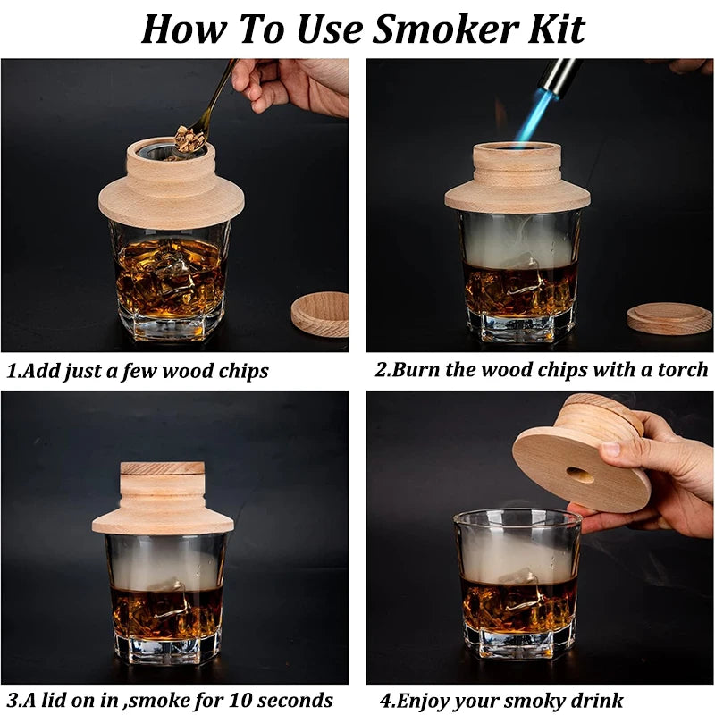 Wooden Bar Cocktail Smoker Kit Whiskey Tequila Wooden Smoked Wood Hood Smoker for Drinks Wine Mixing Cover Bar Tool with 4 Box