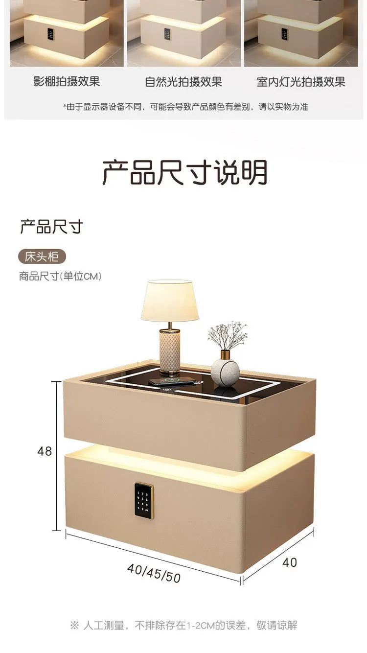 Smart Nightstand with Wireless Charger Bluetooth Speaker Sensor Light Ambient Lamp Password Lock Bedside Table for Bedroom