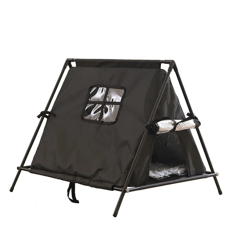Winter outdoor elevated triangular pet tent with stable support and window for puppies and kittens with thick padding