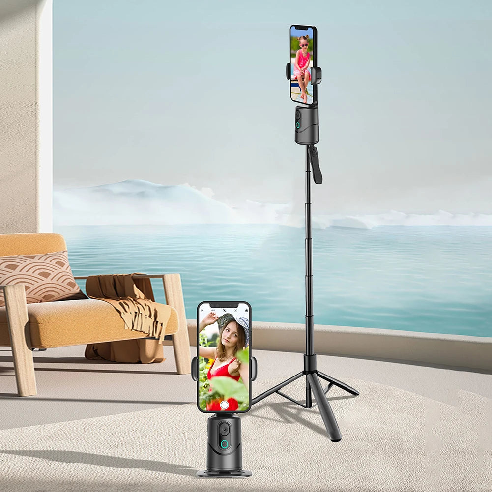 360° Rotating Auto Face Tracking Phone Stand No App Gesture Control Smart Shooting Camera Mount with Selfie Light Remote