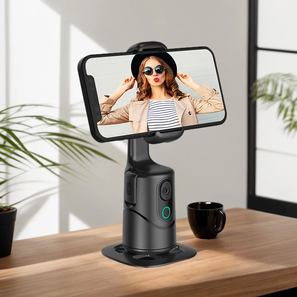 360° Rotating Auto Face Tracking Phone Stand No App Gesture Control Smart Shooting Camera Mount with Selfie Light Remote