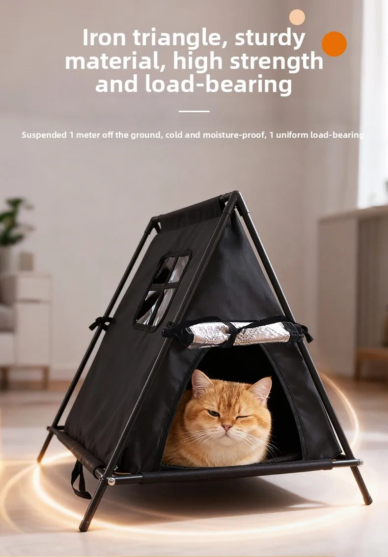 Winter outdoor elevated triangular pet tent with stable support and window for puppies and kittens with thick padding