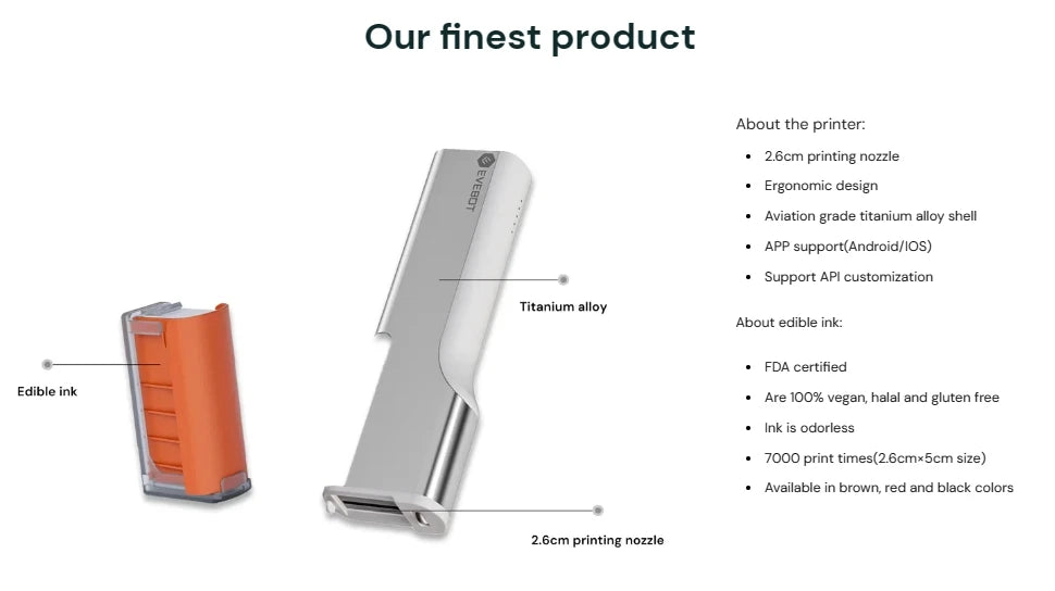 Evebot Printpen Handheld Portable Mini Coffee PrintPen Latte Art Macaron Cookie DIY Design Printer Bluetooth 4.2