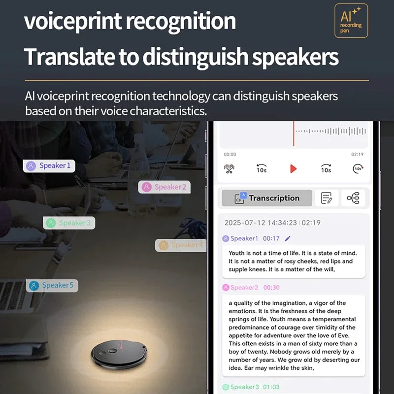 A30 AI Voice Recorder with Real-Time Transcription&Translation Digital Voice Recorder Support 189 Languages for Lectures Meeting