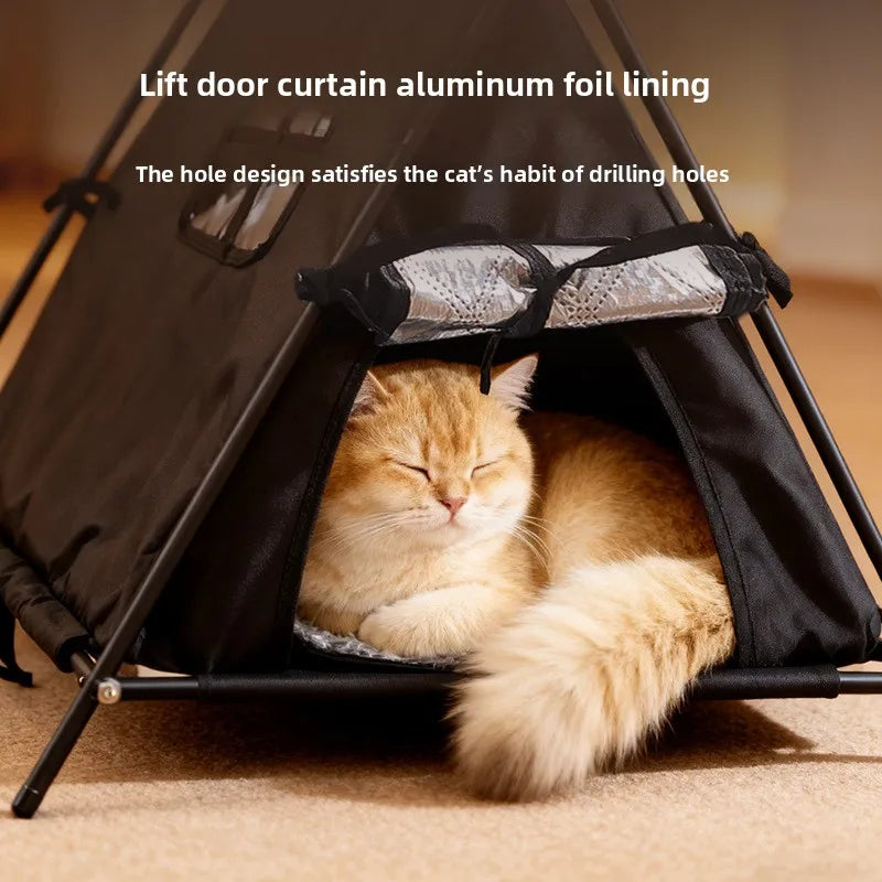 Winter outdoor elevated triangular pet tent with stable support and window for puppies and kittens with thick padding