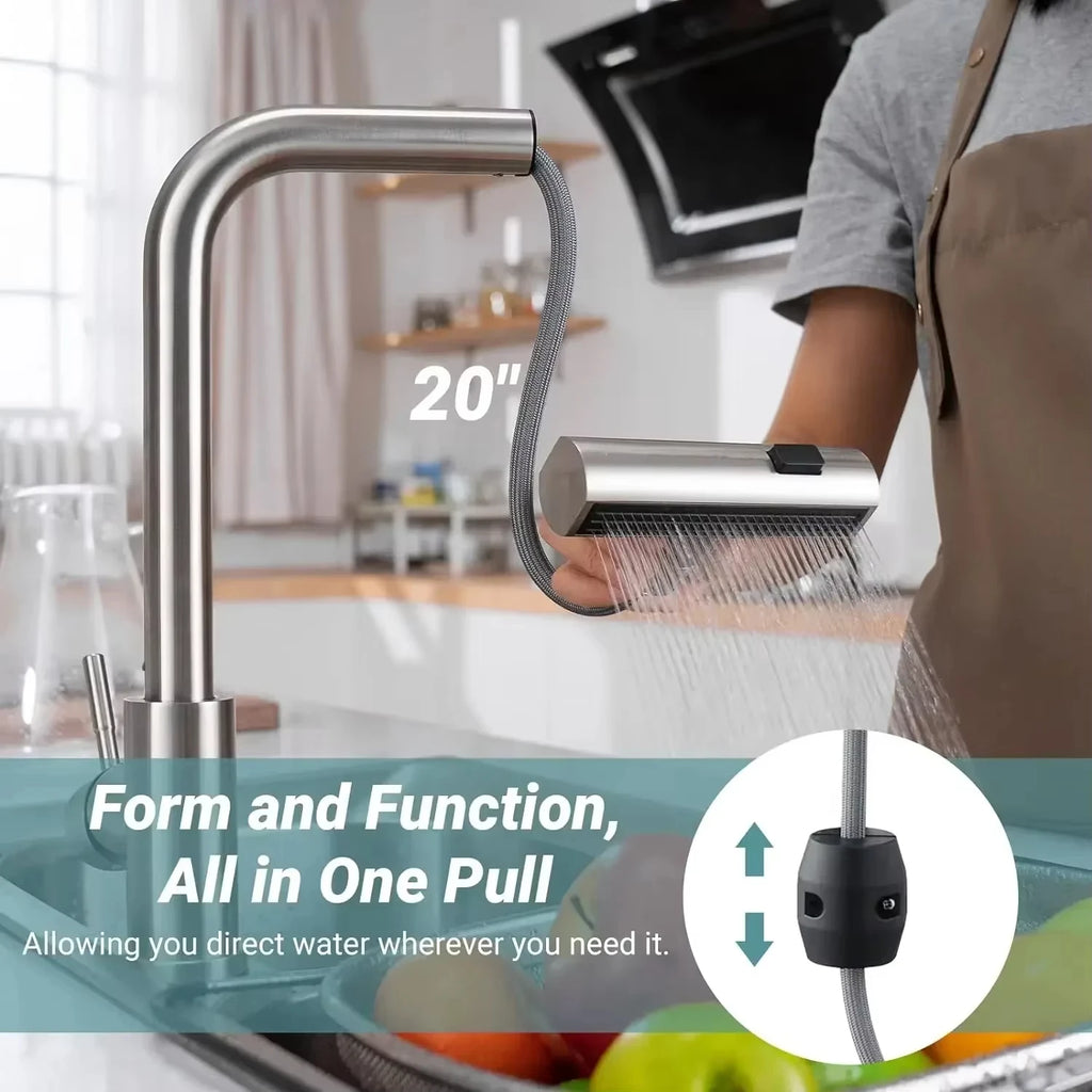 Grey/Silver Pull Out Kitchen Faucet, Flexible Hot and Cold Water Kitchen Sink Mixer Faucet Deck Mounted with Stream Shower Mode