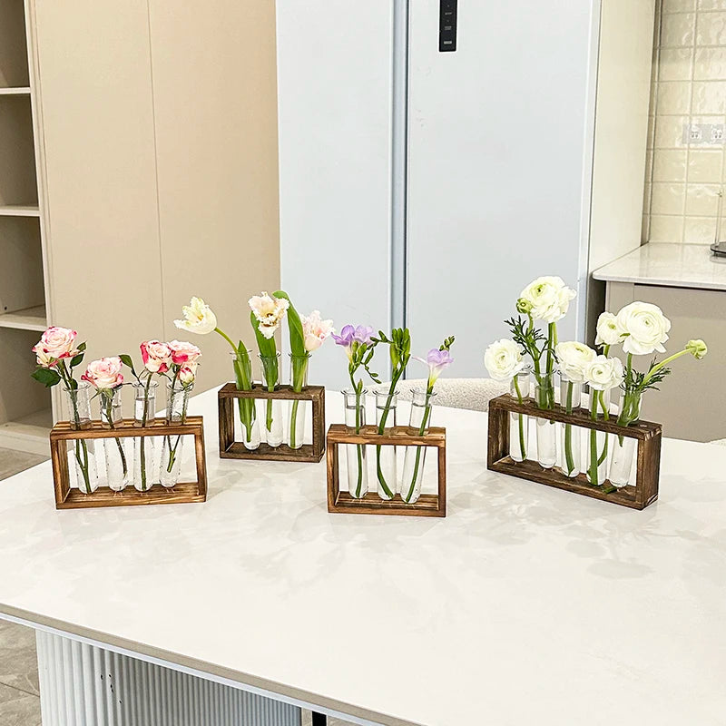 1 Set Creative Hydroponic Plants Container with Wood Frame Transparent Test Tube Vase Bonsai Home Desktop Decor Crafts