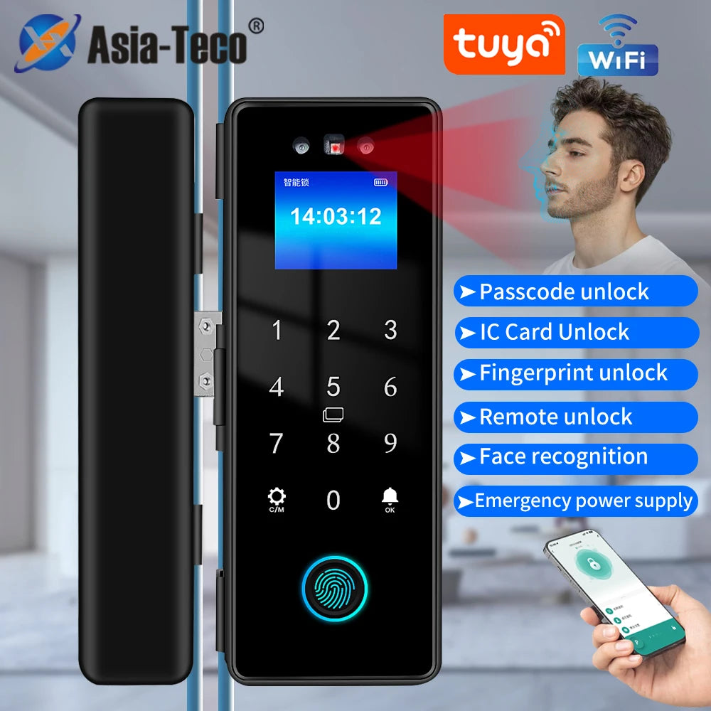 WIFI Tuya 3D Face Recognition  Smart Glass Lock Biometric Electronic Fingerprint Unlock Glass Door Lock Mobile remote Control