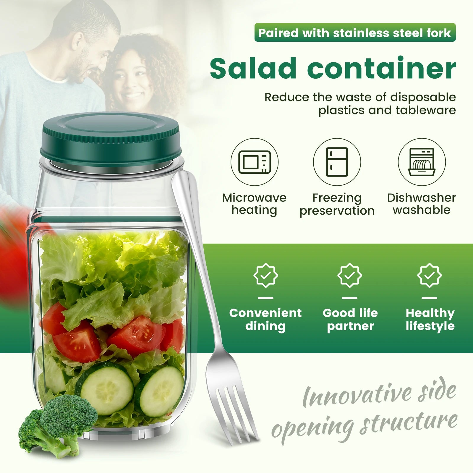 Salad Pod Fruit Vegetable Salad Storage Jar Side Open Portable Container,Home,Office,Travel,Outdoor Salad Container for Lunch