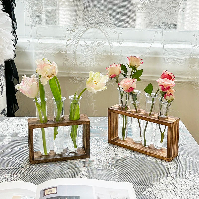 1 Set Creative Hydroponic Plants Container with Wood Frame Transparent Test Tube Vase Bonsai Home Desktop Decor Crafts