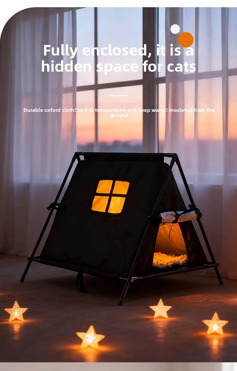 Winter outdoor elevated triangular pet tent with stable support and window for puppies and kittens with thick padding