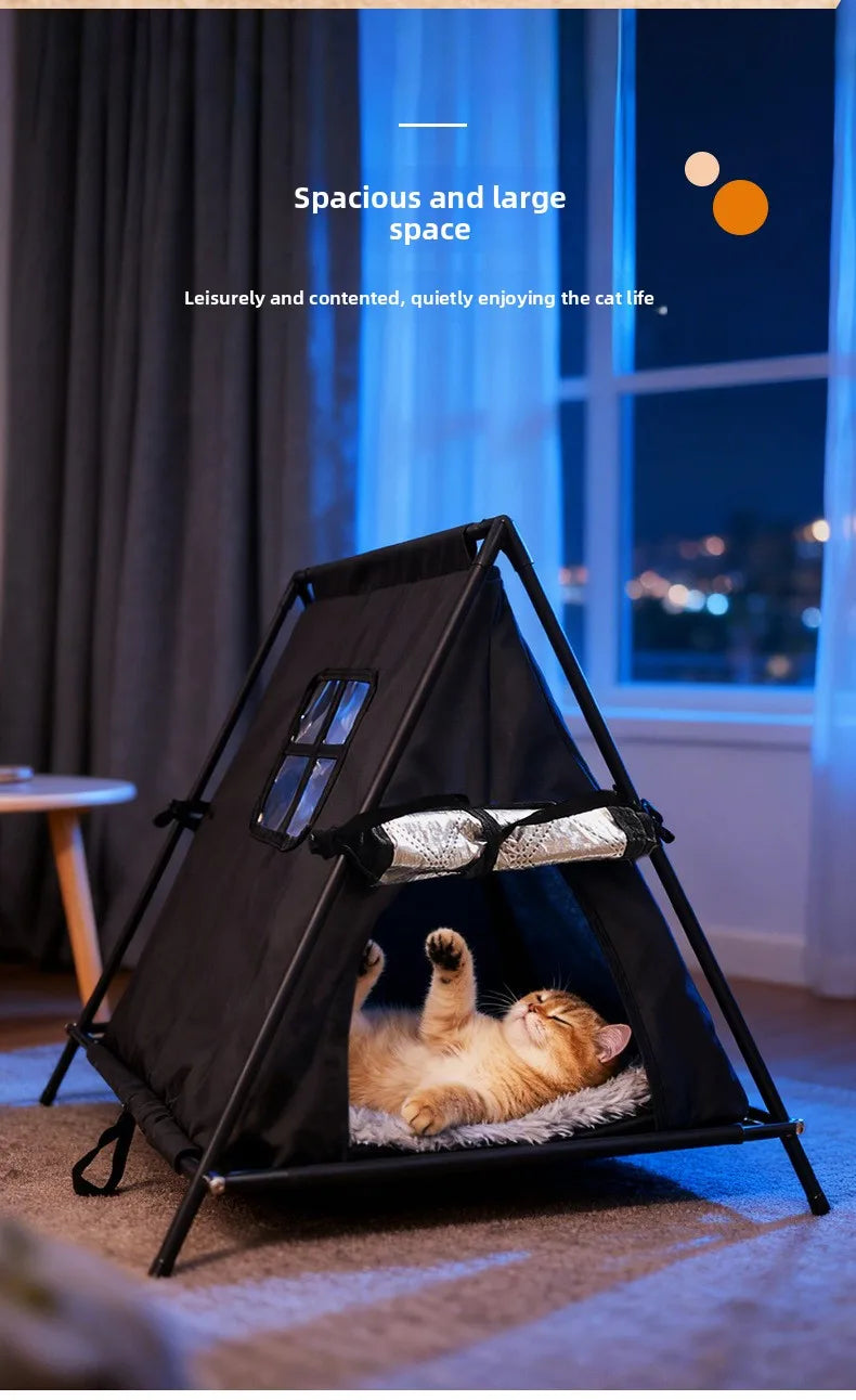 Winter outdoor elevated triangular pet tent with stable support and window for puppies and kittens with thick padding