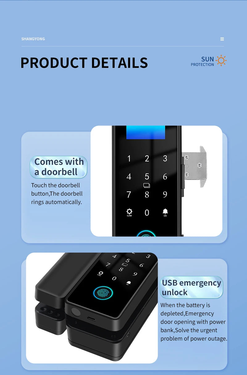 WIFI Tuya 3D Face Recognition  Smart Glass Lock Biometric Electronic Fingerprint Unlock Glass Door Lock Mobile remote Control