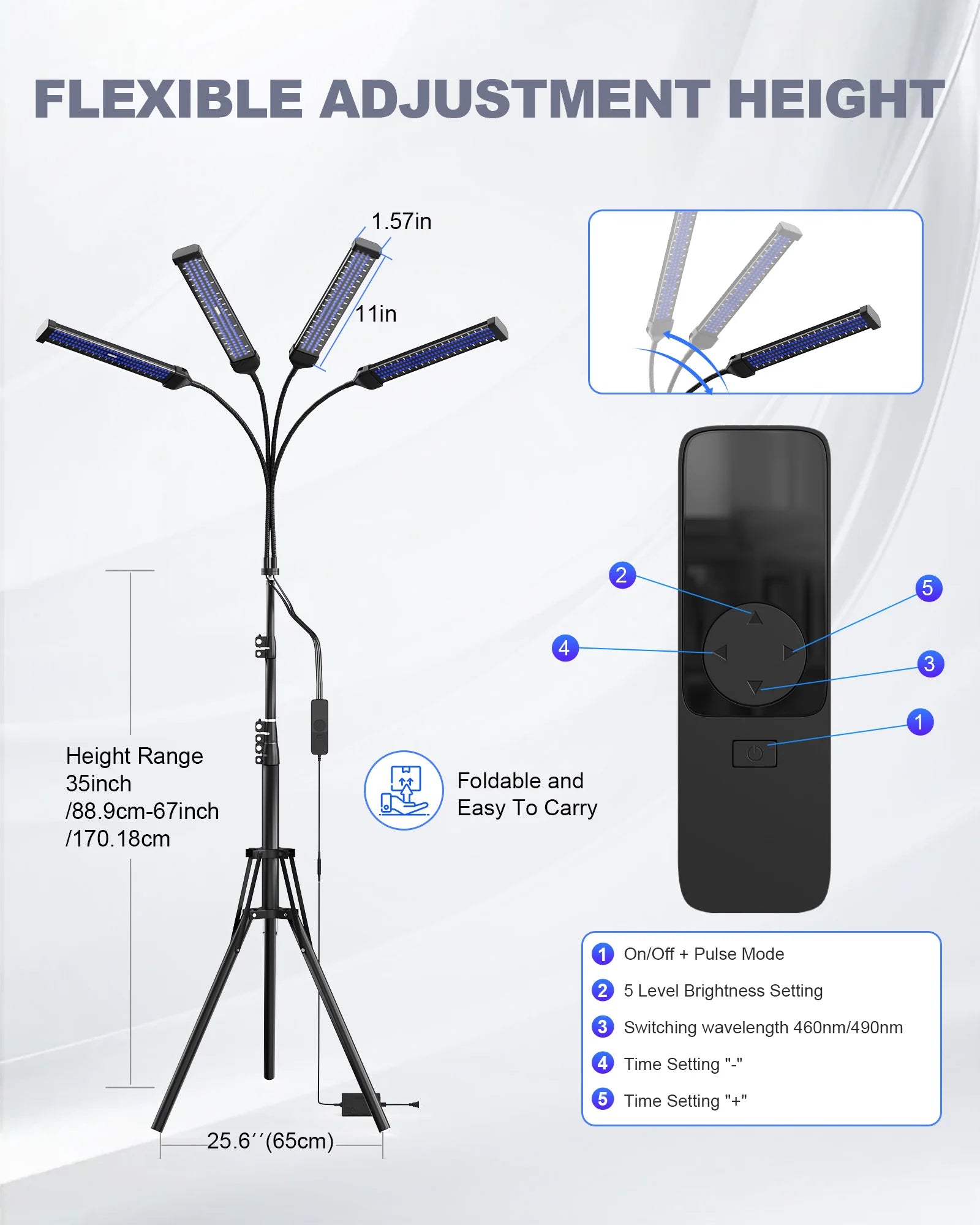 60W Tanning Lamp 4-Head UV Tanning Machine 432 LEDS Blue Light Wavelength 460nm & 490nm 360° Rotation Solarium Tanning Light