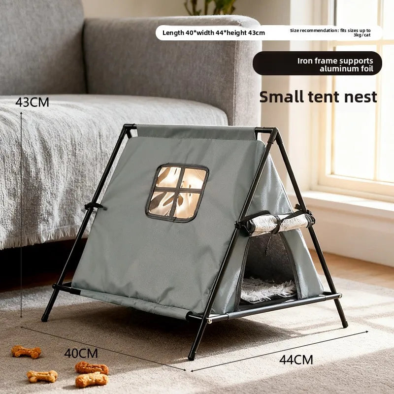 Winter outdoor elevated triangular pet tent with stable support and window for puppies and kittens with thick padding