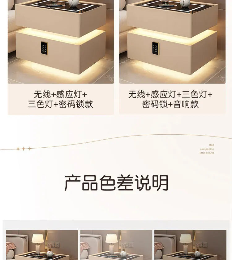 Smart Nightstand with Wireless Charger Bluetooth Speaker Sensor Light Ambient Lamp Password Lock Bedside Table for Bedroom