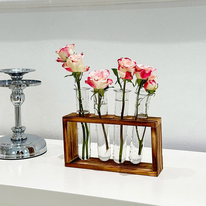1 Set Creative Hydroponic Plants Container with Wood Frame Transparent Test Tube Vase Bonsai Home Desktop Decor Crafts