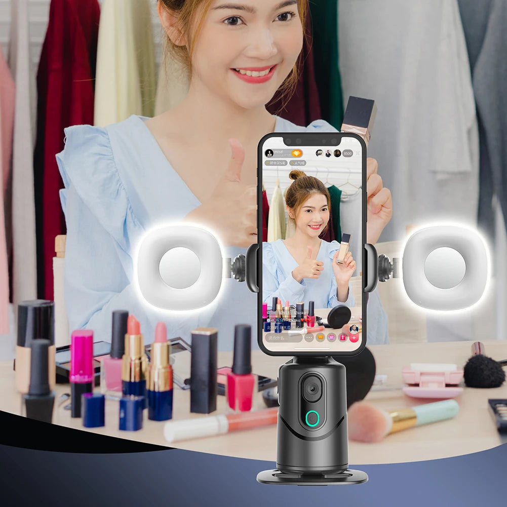 360° Rotating Auto Face Tracking Phone Stand No App Gesture Control Smart Shooting Camera Mount with Selfie Light Remote