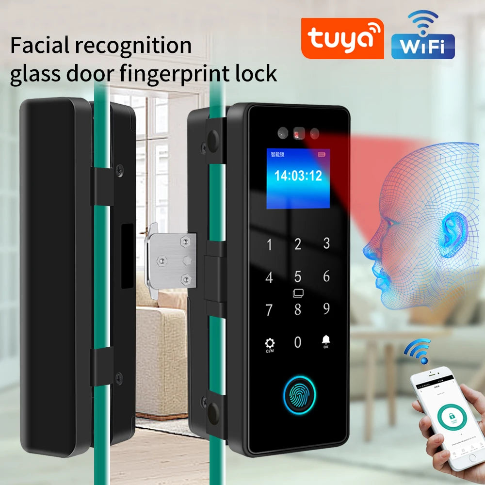 WIFI Tuya 3D Face Recognition  Smart Glass Lock Biometric Electronic Fingerprint Unlock Glass Door Lock Mobile remote Control