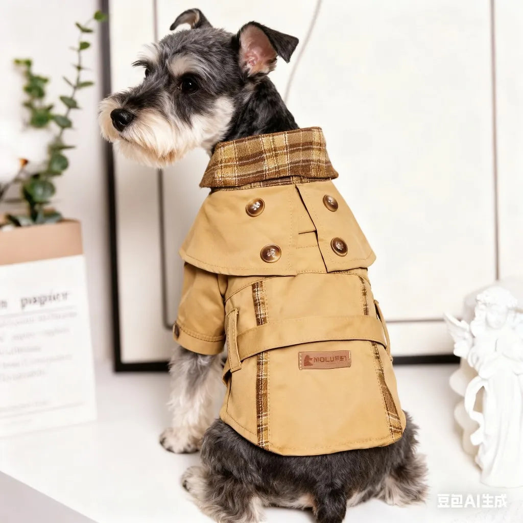 British Style Dog Coat Durable Pet Outerwear Brown Plaid with Adjustable Straps for Cold Weather Puppy Kitten Small Dog Cape