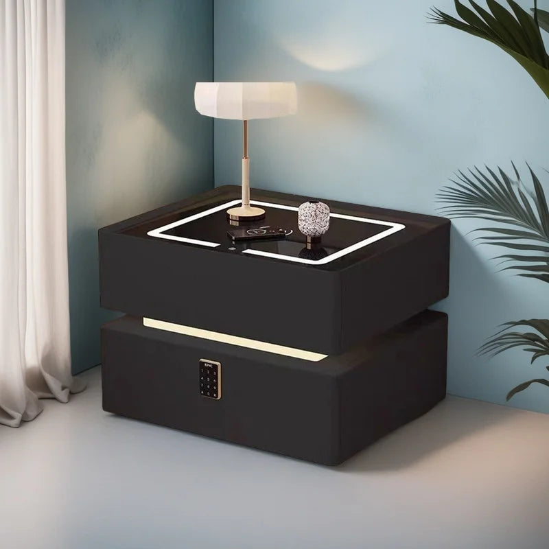 Smart Nightstand with Wireless Charger Bluetooth Speaker Sensor Light Ambient Lamp Password Lock Bedside Table for Bedroom