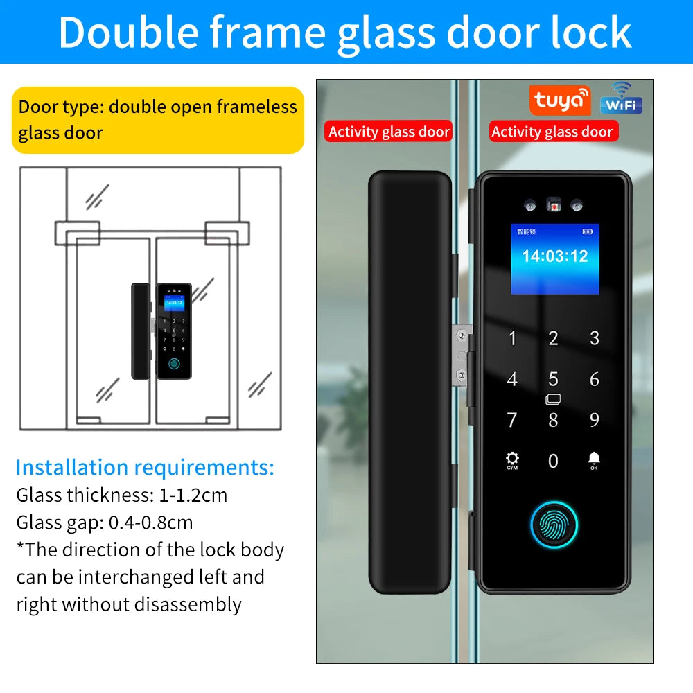 WIFI Tuya 3D Face Recognition  Smart Glass Lock Biometric Electronic Fingerprint Unlock Glass Door Lock Mobile remote Control